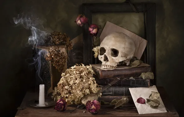 Flowers, old, the dark background, table, smoke, books, skull, roses