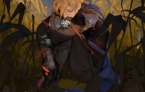 Flower, grass, male, sad, Fire Emblem, Dimitri Alexandre Blaiddyd