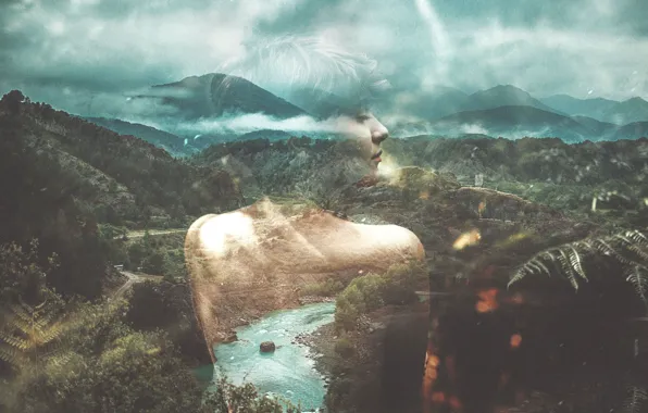 Picture girl, forest, river, clouds, hills, double exposure
