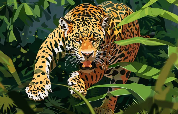 Leaves, Jump, Jaguar, Face, Predator, Jungle, Digital art, Big cat