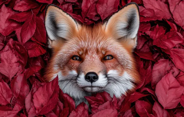 Autumn, leaves, foliage, portrait, Fox, red, red, face