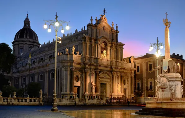 Night, lights, Italy, Cathedral, Sicily, Catania, Piazza Duomo, the fountain of the Elephant