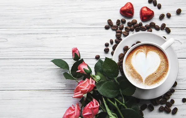 Heart, coffee, roses, bouquet, candy, Cup, Olena Rudo