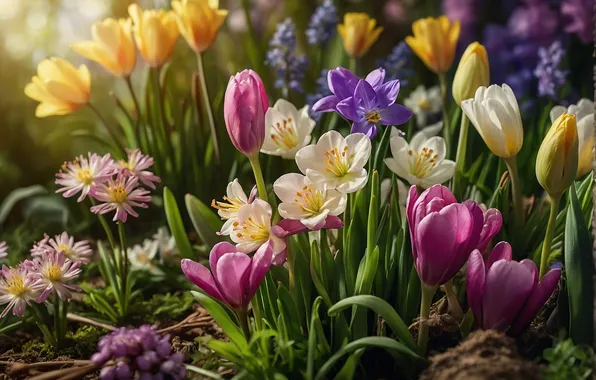 Field, flowers, spring, colorful, tulips, flowering, blossom, flowers