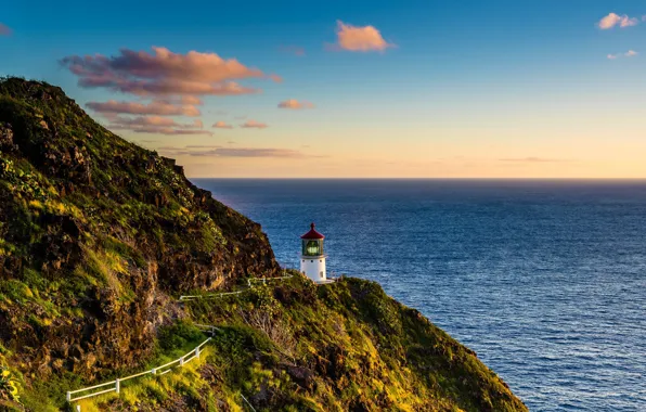 The sky, clouds, sunset, rocks, shore, lighthouse, height, trail