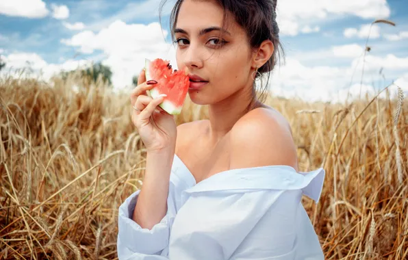 Field, the sky, girl, clouds, watermelon, brunette, blouse, ears