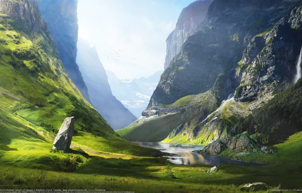 The sky, grass, mountains, river, bird, valley, meadow, CG wallpapers