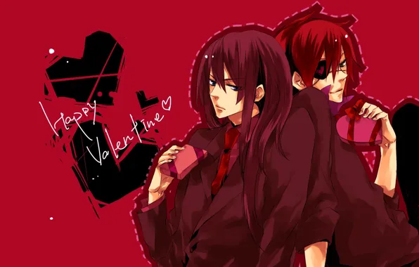 Gift, anime, art, hearts, guys, red background, characters, D.Gray-man