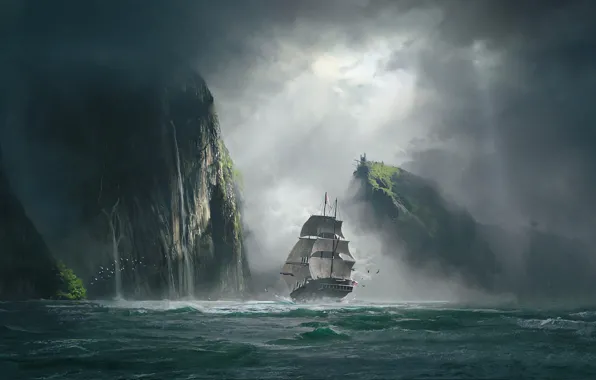 Picture sea, clouds, fog, rocks, ship, art, clearance
