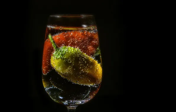 Water, bubbles, background, glass, pepper