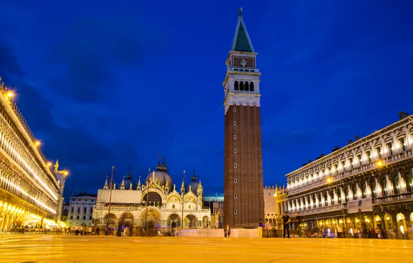 Picture night, lights, people, Italy, Venice, Campanile, the Cathedral of St. Mark, St. Mark's square