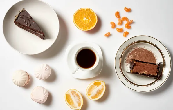 Table, lemon, coffee, orange, Cup, plates, white background, cake