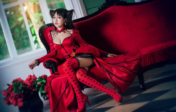 Chest, look, girl, flowers, red, face, pose, style