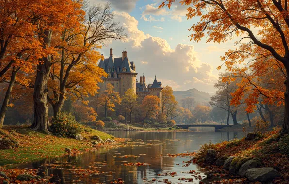 Autumn, clouds, trees, castle, branch, shore, foliage, fantasy