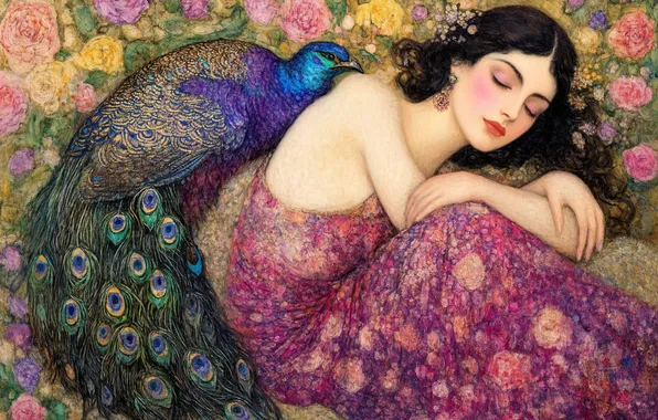 Girl, pose, bird, dress, brunette, tail, peacock, imitation painting