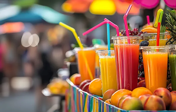 Glasses, fruit, drinks, different, market, cocktails, bokeh, Bazaar