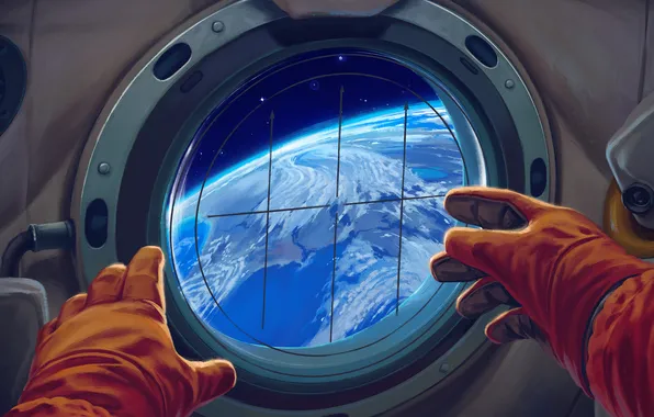 Space, Earth, The window, Hands, USSR, Art, Yuri Alekseyevich Gagarin, Yuri Gagarin