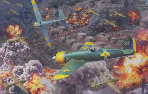 Fighter, USA, bomber, Romania, B-24, Steve Noon, raid on an oil depot, IAR 81