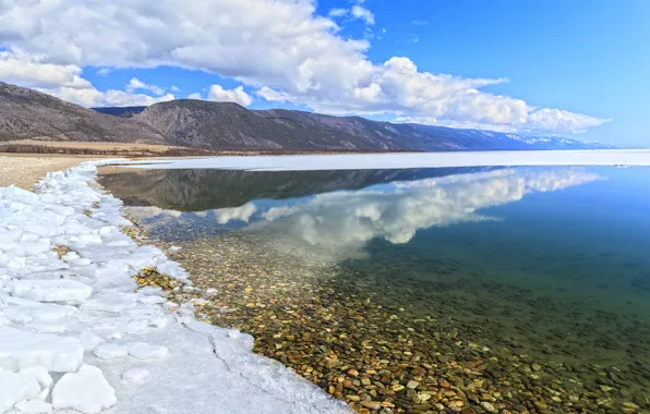 STONES, WATER, MOUNTAINS, The SKY, CLOUDS, SNOW, REFLECTION, SURFACE
