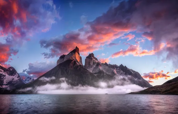 Picture the sky, clouds, mountains, fog, lake, Patagonia