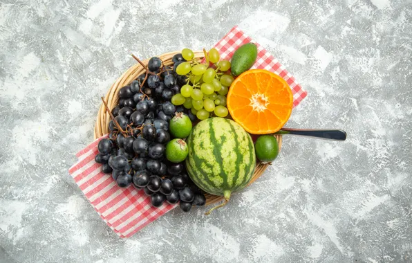 Orange, watermelon, grapes, fruit, grey background