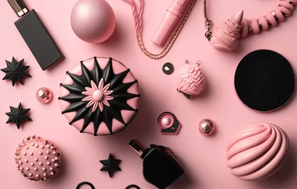 Balls, Christmas, New year, pink, pink background, black, Christmas decorations, AI art