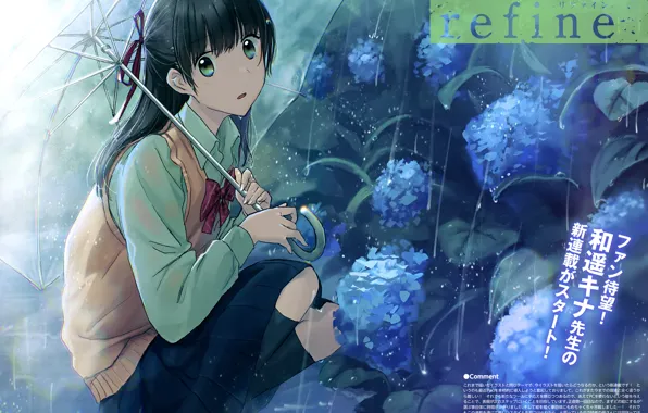 Characters, schoolgirl, green eyes, hydrangea, raindrops, under the umbrella, squats, summer rain