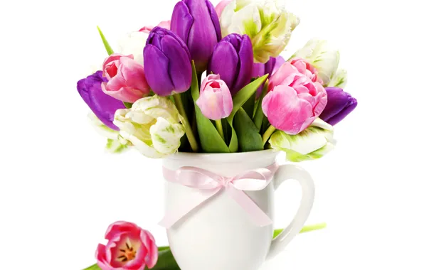 Bouquet, spring, colorful, purple, tulips, pink, bow, March 8