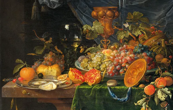 Picture oil, picture, canvas, Still life with Fruit and Oysters, Abraham Mignon
