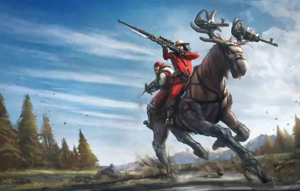 Nature, weapons, people, art, rifle, guns, moose