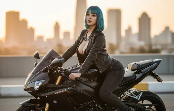 Picture city, Asian, motorcycle, leather, blue hair, AI art