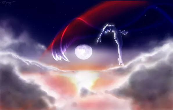 Picture the sky, clouds, the moon, wings, neon genesis evangelion, evangelion, Ayanami Rei, nge