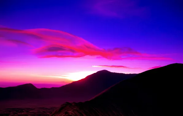Picture the sky, clouds, mountains, dawn, the volcano, Indonesia, Indonesia, mount bromo