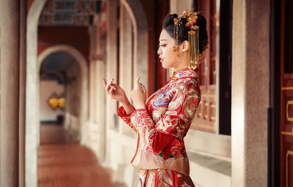 Girl, decoration, red, face, pose, style, hands, makeup