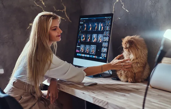 Cat, girl, pose, monitor