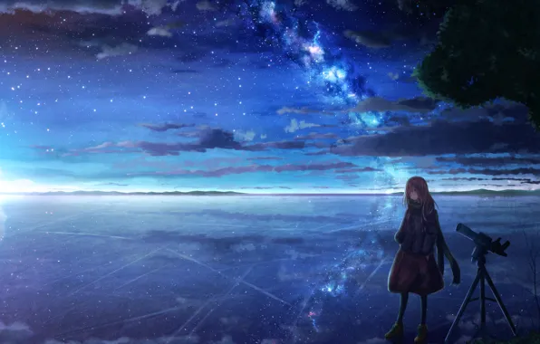 Ice, girl, lake, the milky way, telescope