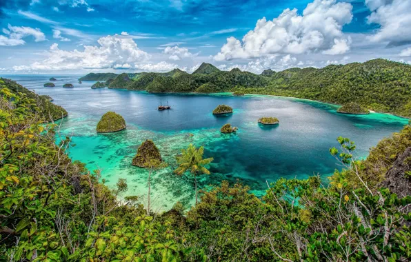 The sky, clouds, ship, Jungle, Laguna