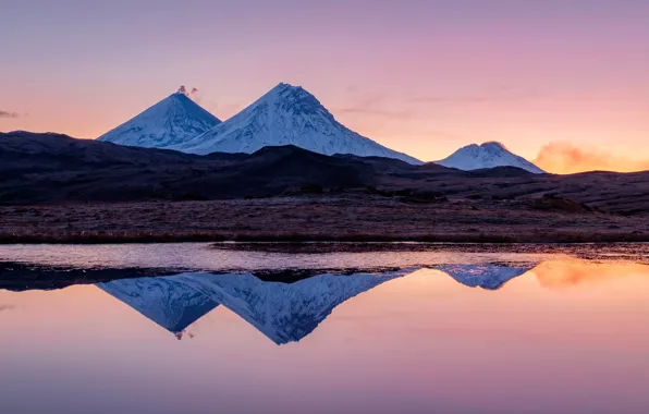 The sky, sunset, mountains, reflection, hills, shore, tops, the evening