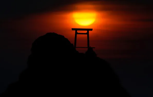 The sky, the sun, sunset, mountain, gate, Japan, silhouette, torii