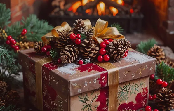 Berries, fire, flame, box, gift, Christmas, New year, fireplace
