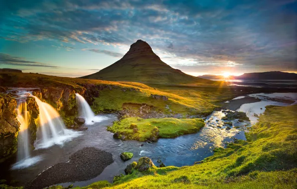 The sun, river, mountain, waterfall, morning, Iceland, Grundarfjordur, Kirkjufel