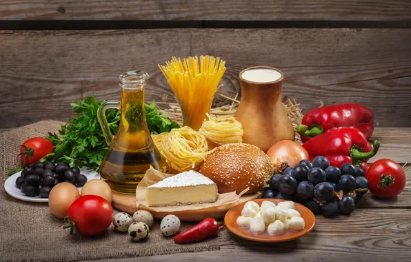 Greens, oil, grapes, pepper, tomatoes, roll, pasta
