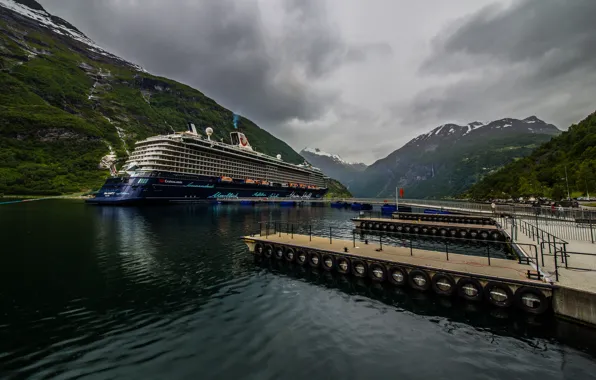 Picture clouds, mountains, pier, Norway, the fjord, cruise liner