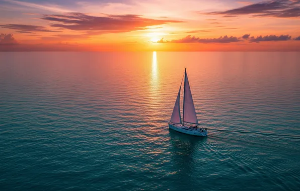 The sky, the sun, clouds, sunset, the ocean, Wallpaper, sailboat, wallpaper