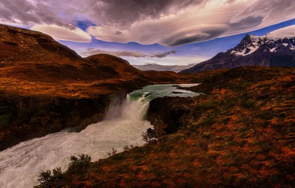 Autumn, the sky, bright colors, clouds, river, waterfall, pond, Andes
