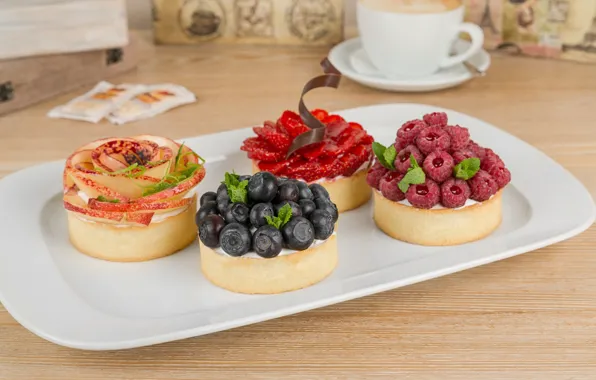 Picture berries, raspberry, apples, coffee, strawberry, cake, blueberries