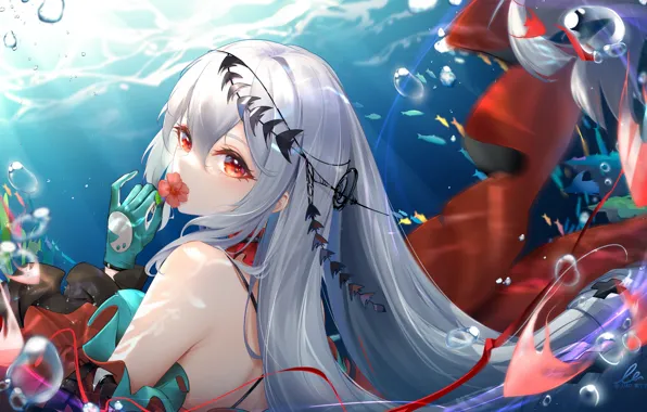 Flower, girl, fish, under water, Arknights, Skadi