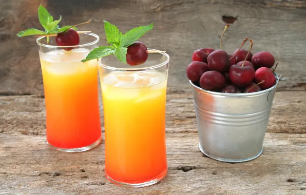 Cherry, glass, juice, bokeh, bucket, smoothies