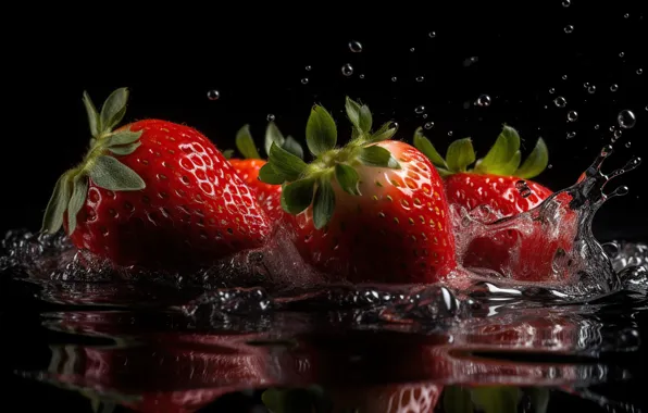 Water, berries, splash, strawberry, digital art, AI art, neural network, the art of artificial intelligence