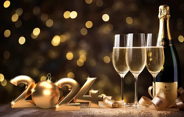 Decoration, gold, balls, New Year, glasses, figures, golden, new year